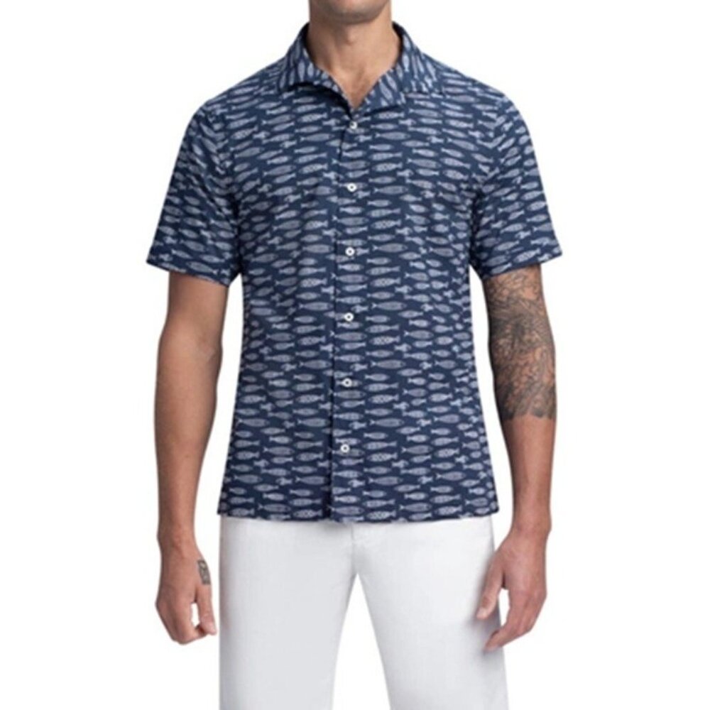 New BUGATCHI Men's LARGE Jackson Shaped Short-sleeve Camp Shirt Navy Blue Fish